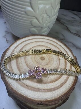Elegant Gold Laminated Pink And White Rhinestones Bracelet